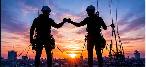 Dos técnicos verticales de Vértika chocando el puño al atardecer
