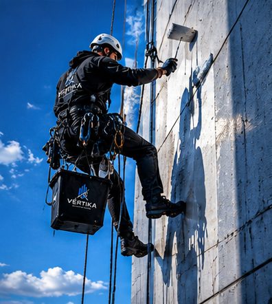 Técnico de Vértika reparando un muro de hormigón suspendido en cuerdas