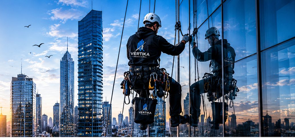 Operario de Vértika trabajando suspendido en la fachada de cristal de un rascacielos