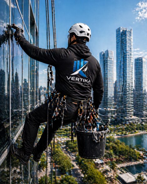 Técnico de Vértika limpiando la fachada de cristal de un rascacielos con la ciudad de fondo